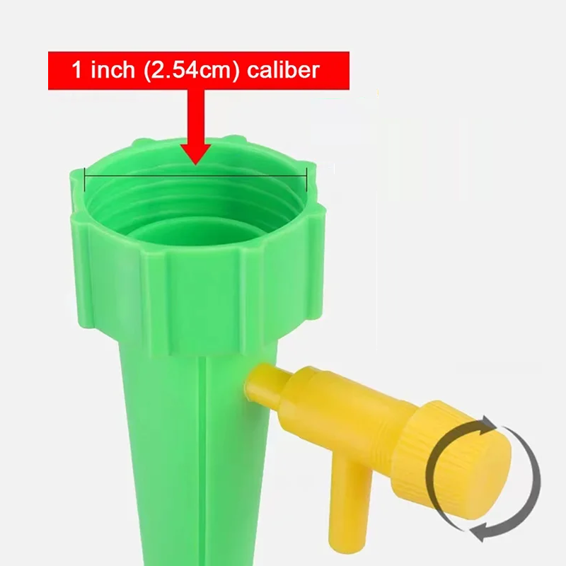 Green and yellow plastic fitting with a measurement label on a white background