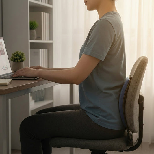 Person sitting at a desk with a laptop, using an back stretch massage.
