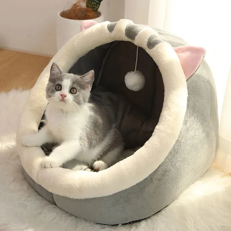 Cat lying in a gray pet bed with cat ears and a pom-pom on a white surface.