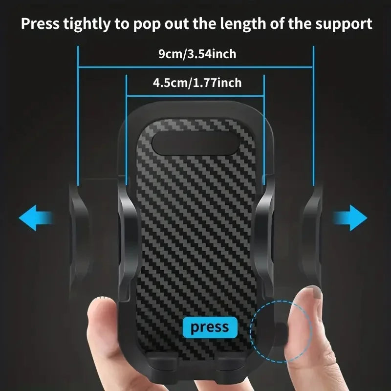 Phone holder with carbon fiber pattern and measurement details on a black background