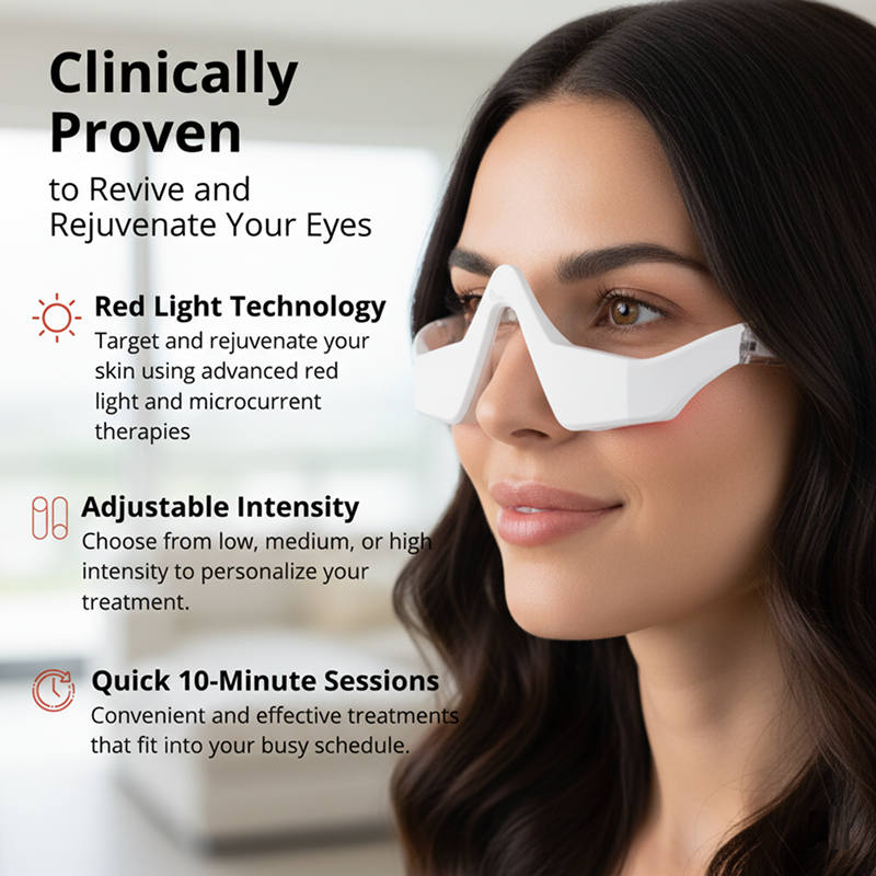 Woman wearing eye massage glasses device with text about red light technology and benefits.