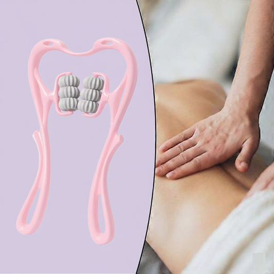 Pink handheld massager with gray roller beads on a purple background, next to a person using it on their leg.