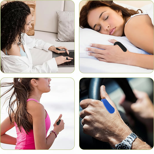 Collage of a woman using a magnetic finger joint massager, smartwatch, sleeping, exercising, and holding a phone.