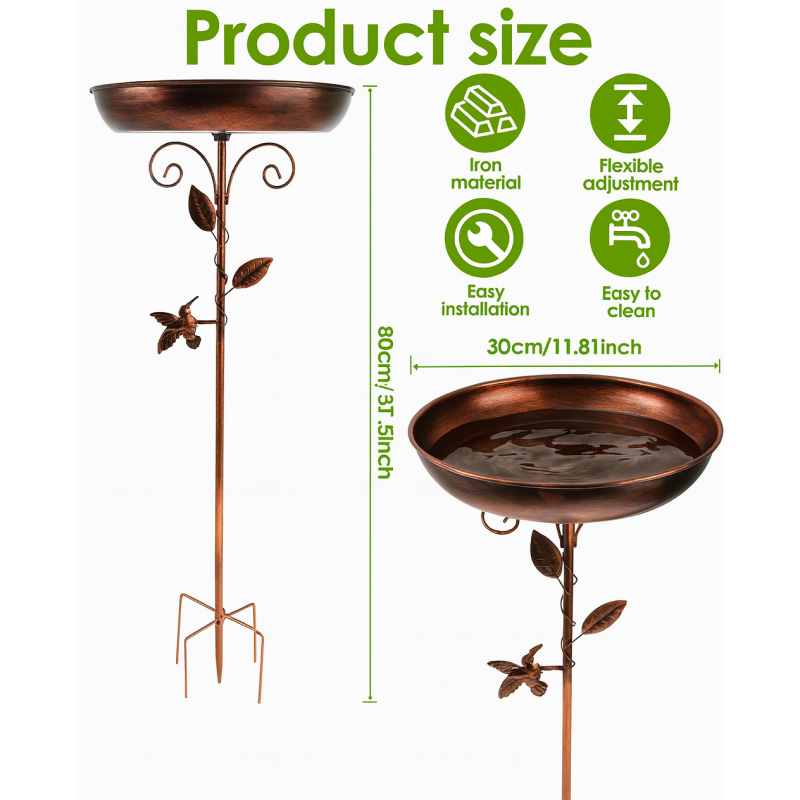Bird bath with stand and dimensions on a white background