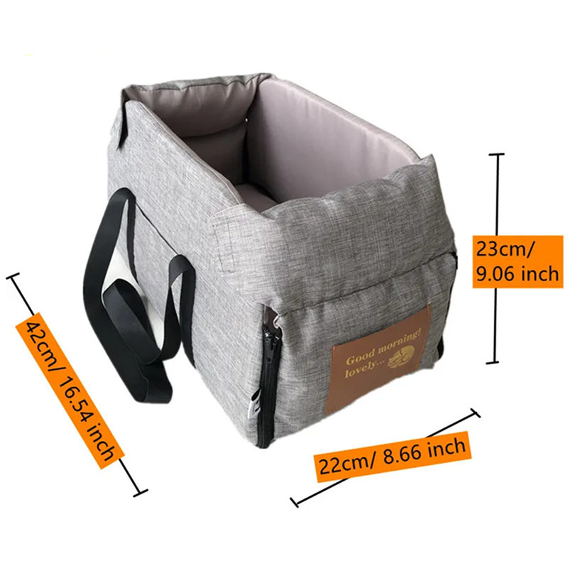 Gray pet carrier with dimensions labeled on a white background