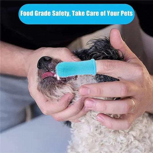 Person using a blue pet toothbrush on a dog's paw with text about food grade safety and pet care.