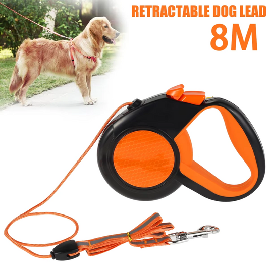Retractable dog lead with orange and black design, 8M length, on a white background.