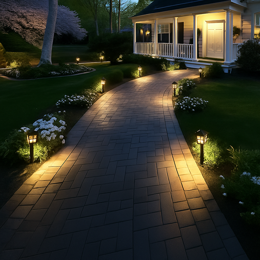 Paved pathway leading to a house with decorative outdoor lighting