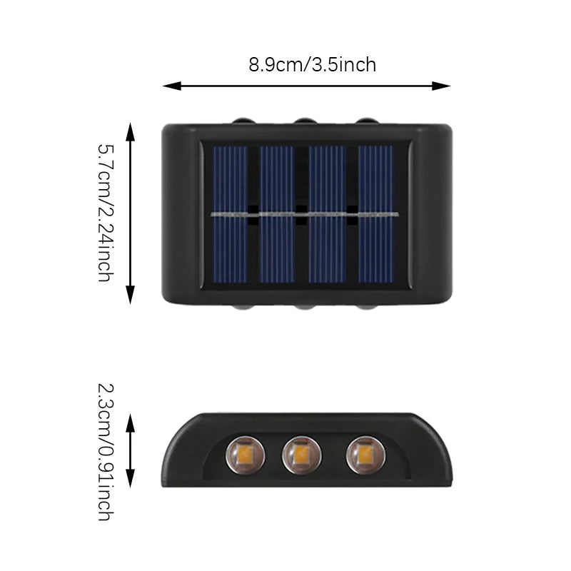 Solar-powered LED light with dimensions labeled on a white background