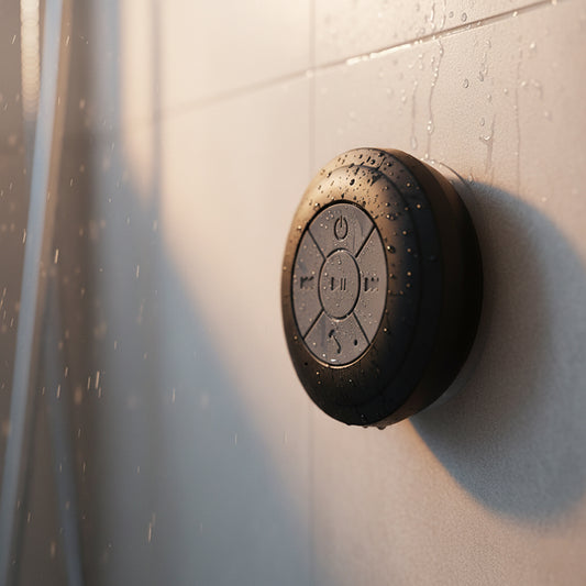 Round shower control panel on a tiled wall with water droplets
