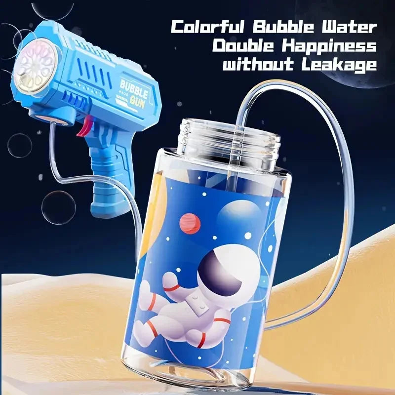 Bubble gun and tumbler with astronaut design on a space-themed background