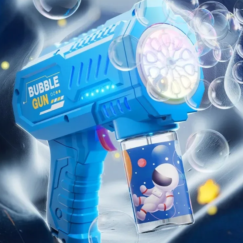 Blue bubble gun with an astronaut design on the bubble solution container, surrounded by bubbles.