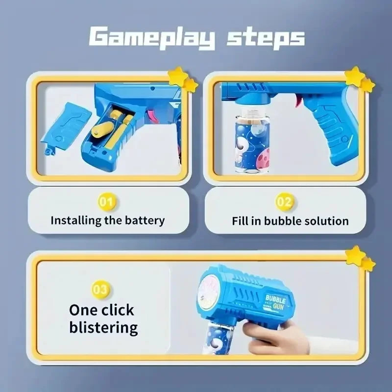 Instructions for using a bubble gun with images and text on a blue background