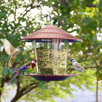 Bird feeder with birds perched on it against a natural background