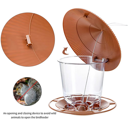 Bird feeder with a squirrel-proof mechanism and a close-up of the lid and opening device.