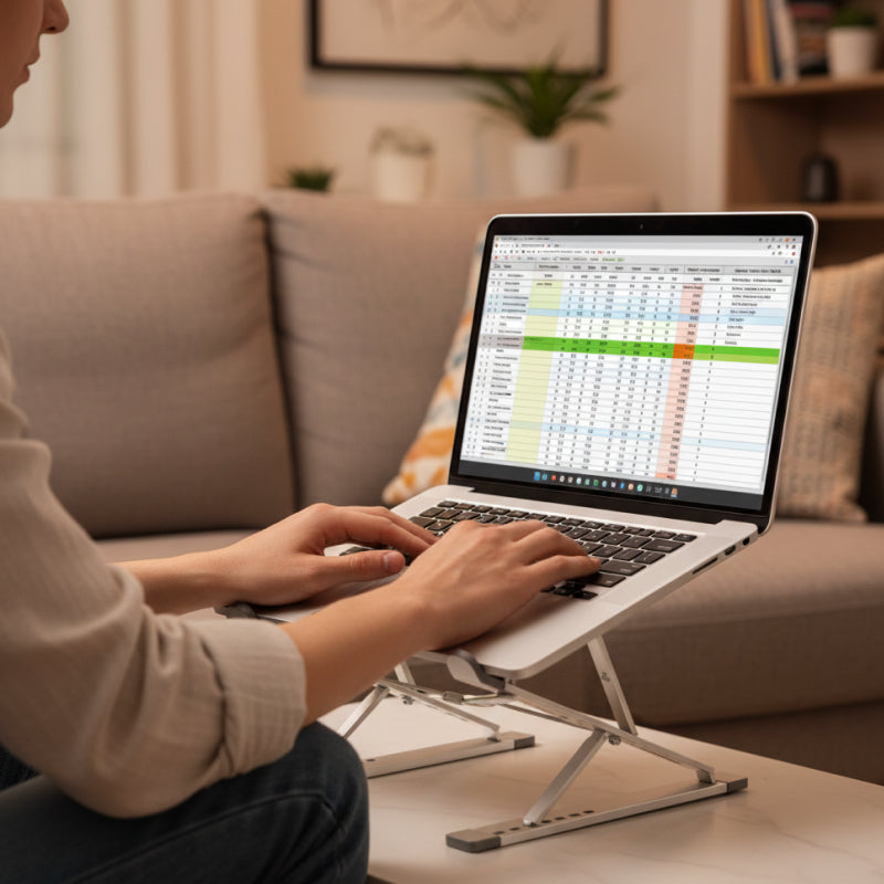Person using a laptop on a stand in a cozy living room.
