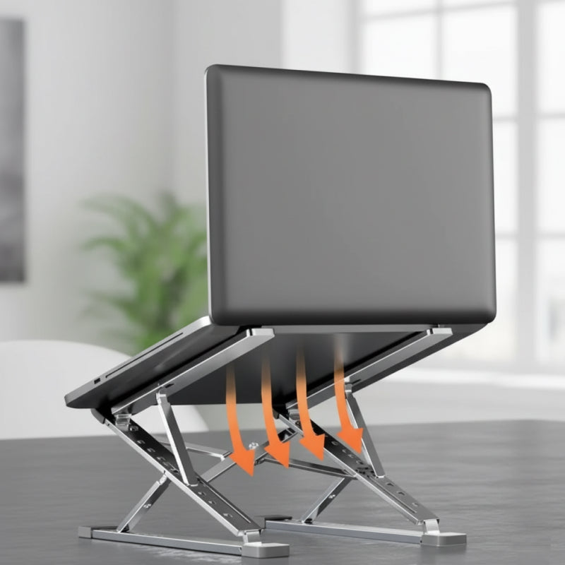 Laptop on a stand with cooling arrows indicated, placed on a desk.