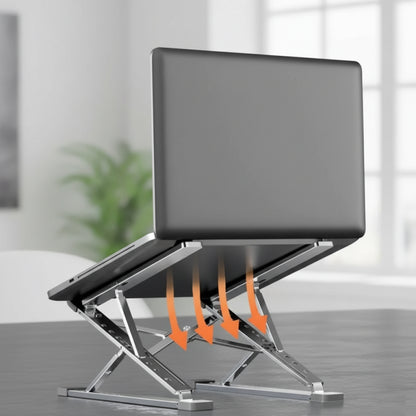 Laptop on a stand with cooling arrows indicated, placed on a desk.