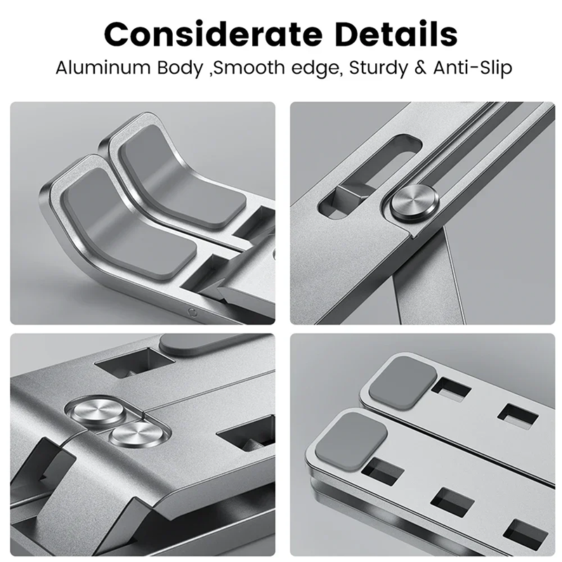 Metallic product with detailed views of its design on a gray background