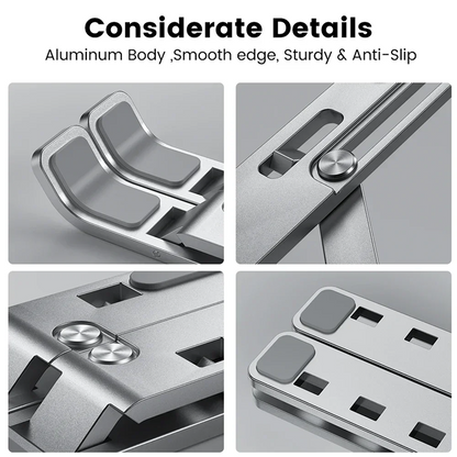 Metallic product with detailed views of its design on a gray background