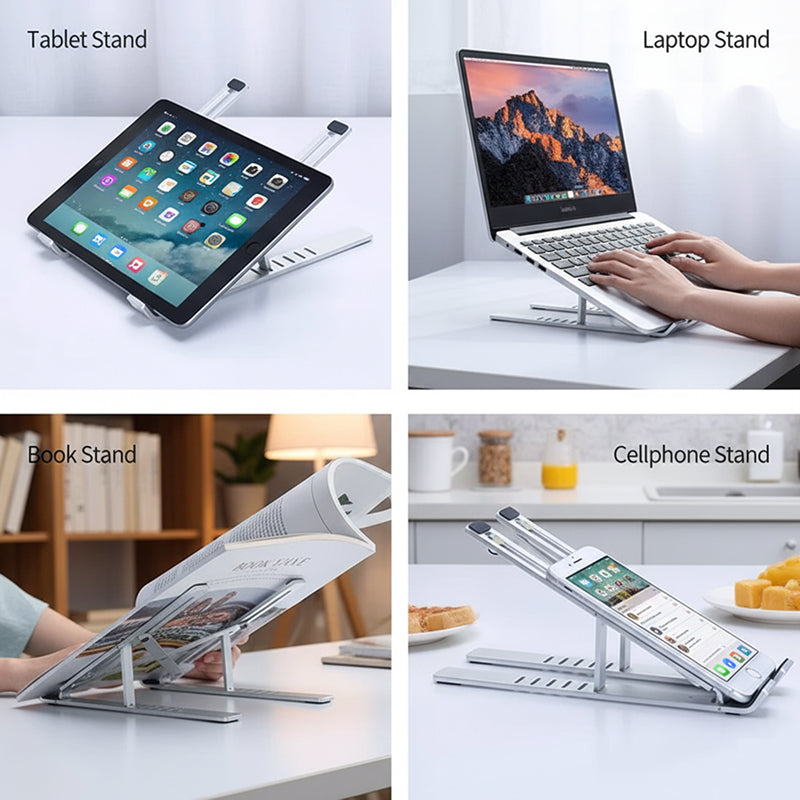 Multifunctional stand used for tablet, laptop, book, and smartphone on a white surface.