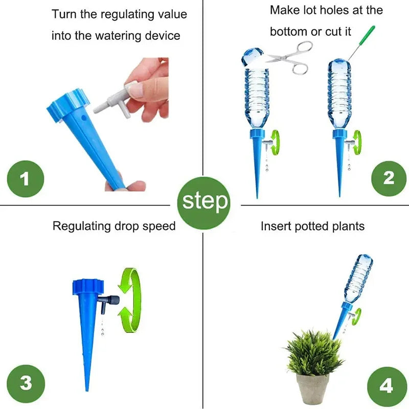 Step-by-step guide on using a blue watering device with text instructions.