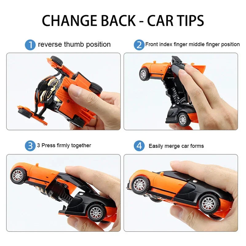 Instructions for changing back a toy car into two separate models.
