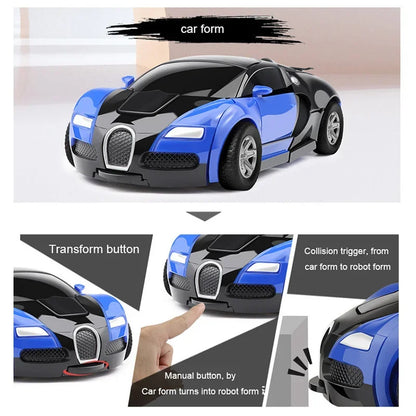 Toy car transforming from car to robot form with labeled features.