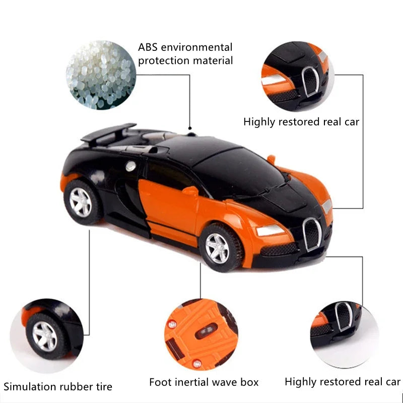 Orange and black toy car with labeled features on a white background
