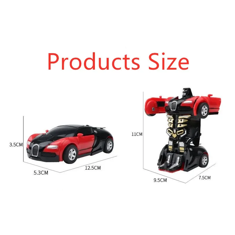 Measurement chart showing the size of a red and black toy car and robot transformation model.