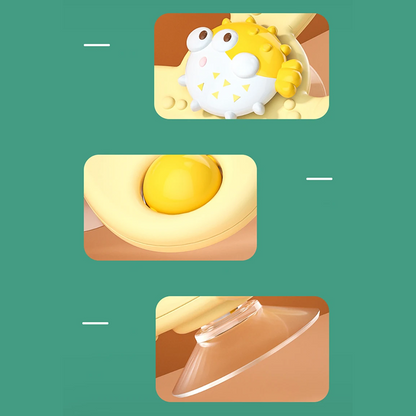 Three cartoon-style illustrations of a yellow creature, an egg, and a clear container on a green background.