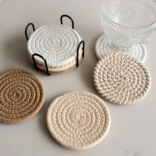 8pcs Boho Cotton Coasters with Holder – Absorbent Drink Mats for Cups & Home Decor