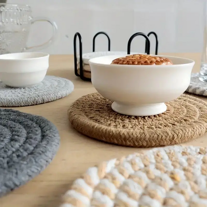 8pcs Boho Cotton Coasters with Holder – Absorbent Drink Mats for Cups & Home Decor