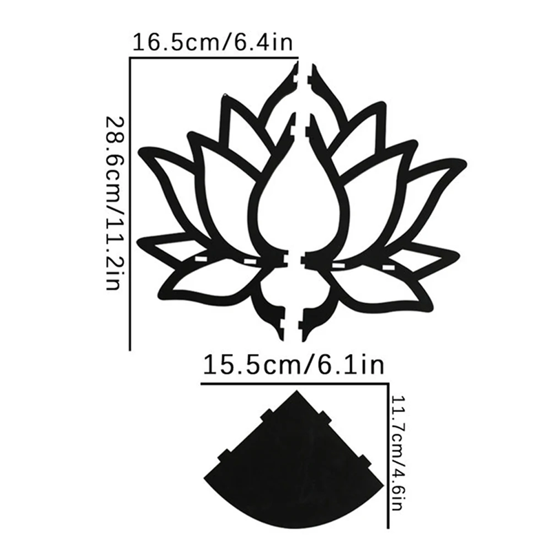 Black lotus flower design with measurements on a white background