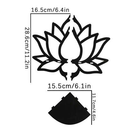 Black lotus flower design with measurements on a white background