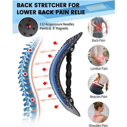 Back stretcher for lower back pain relief with acupressure needles and magnetic properties, shown on a white background.