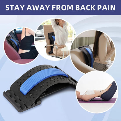 Back pain relief device with usage scenarios on a blue background