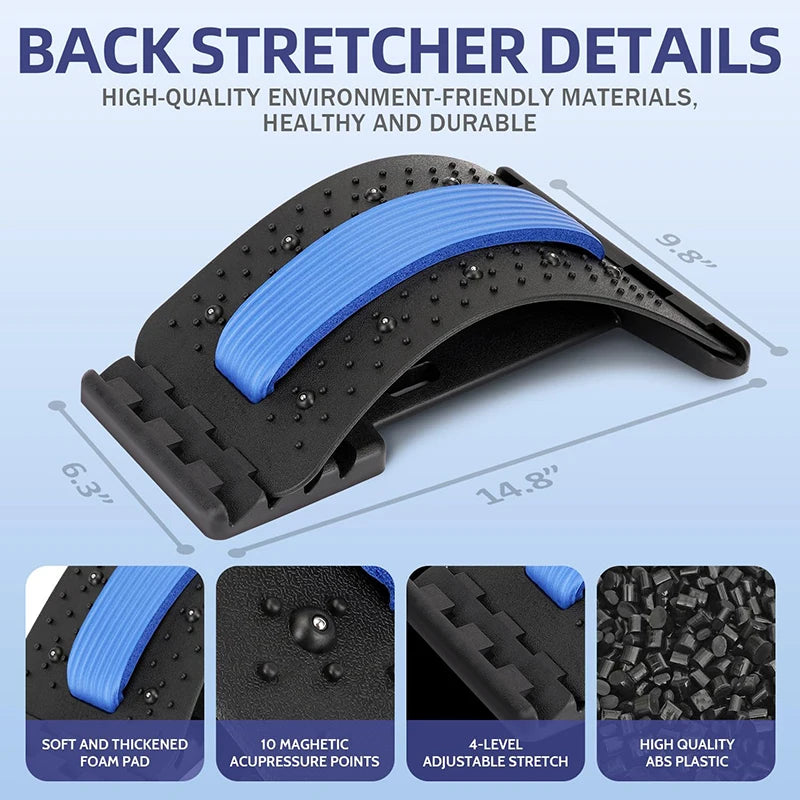 Back stretcher with features highlighted on a light blue background