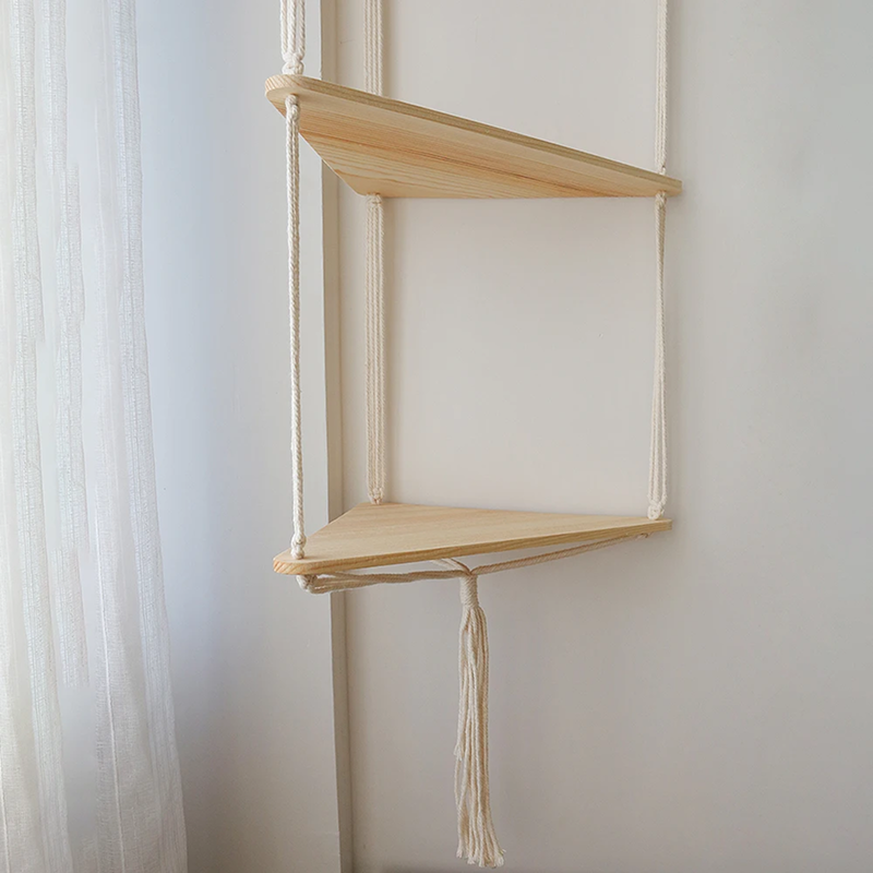 Boho Wood Corner Wall Shelf – 2/3 Tier Floating Triangle Display Rack for Living Room & Bedroom Decor