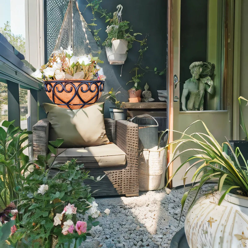 Outdoor patio with wicker chair, plants, and decorative items on a gravel surface.