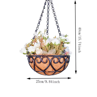 Hanging plant basket with floral arrangement and dimensions on a white background