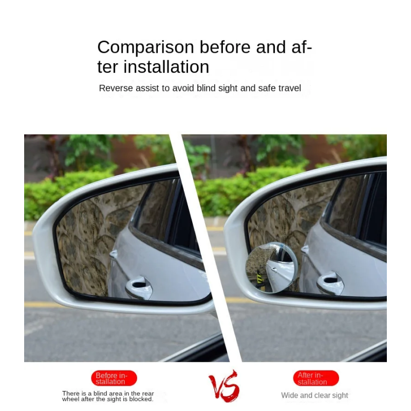 Comparison of car side mirrors before and after installation with text 'Comparison before and after installation'.