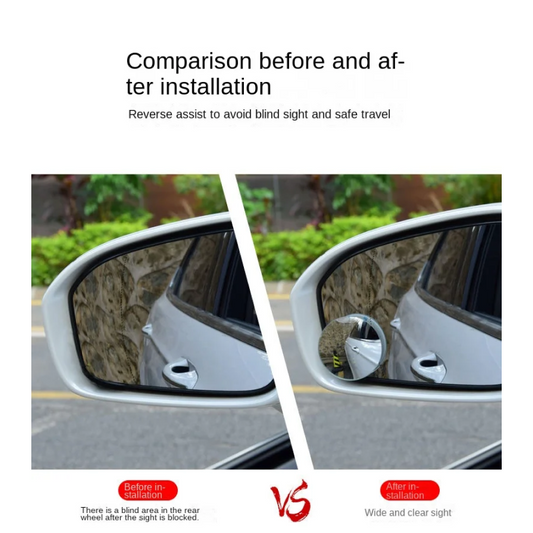 Comparison of car side mirrors before and after installation with text 'Comparison before and after installation'.