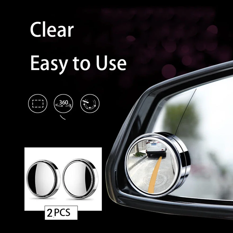 Car mirror with a clear cover and text 'Clear Easy to Use' on a dark background