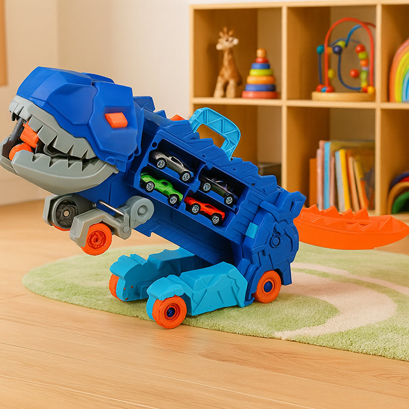Toy dinosaur with multiple small cars inside, placed on a wooden floor with a colorful toy shelf in the background.