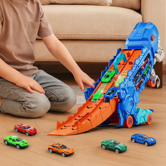 Child playing with a toy dinosaur track set on a wooden floor.
