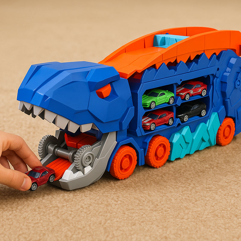 Toy car carrier shaped like a dinosaur with colorful cars inside on a beige background