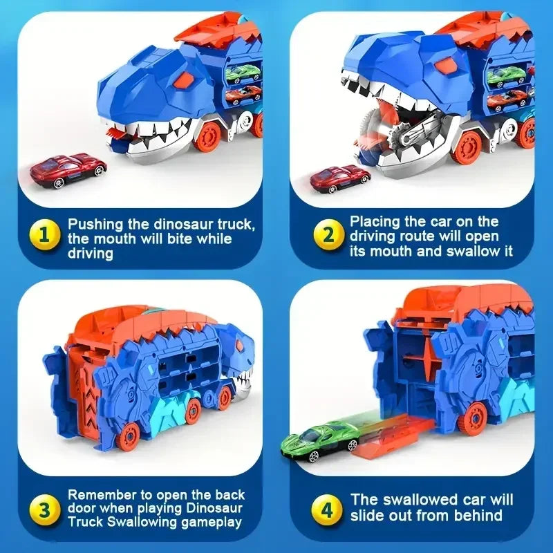 Toy dinosaur truck with car swallowing mechanism on a blue background