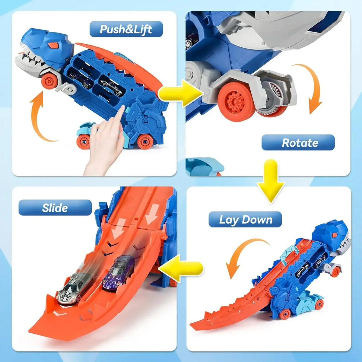 Toy track set with various interactive features on a light blue background