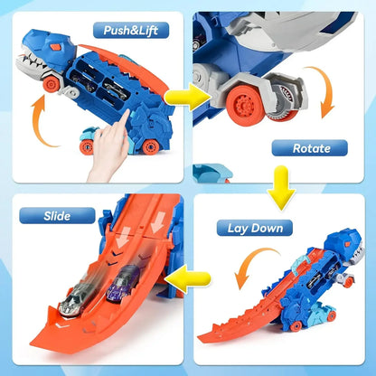 Toy track set with various interactive features on a light blue background